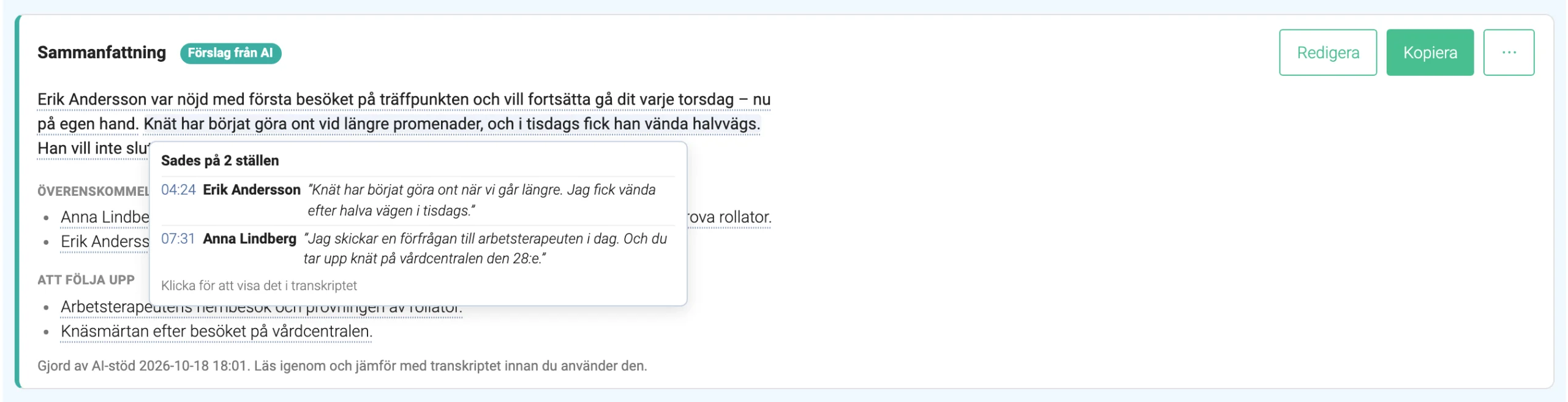 AI-föreslagen sammanfattning med källhänvisningar till samtalets transkript
