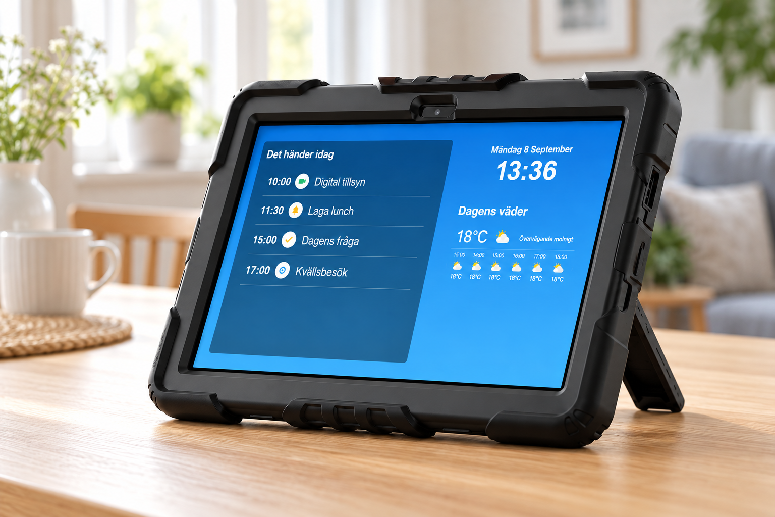 Digital hembesöksenhet med skyddsställ och Digitala Samtal på skärmen